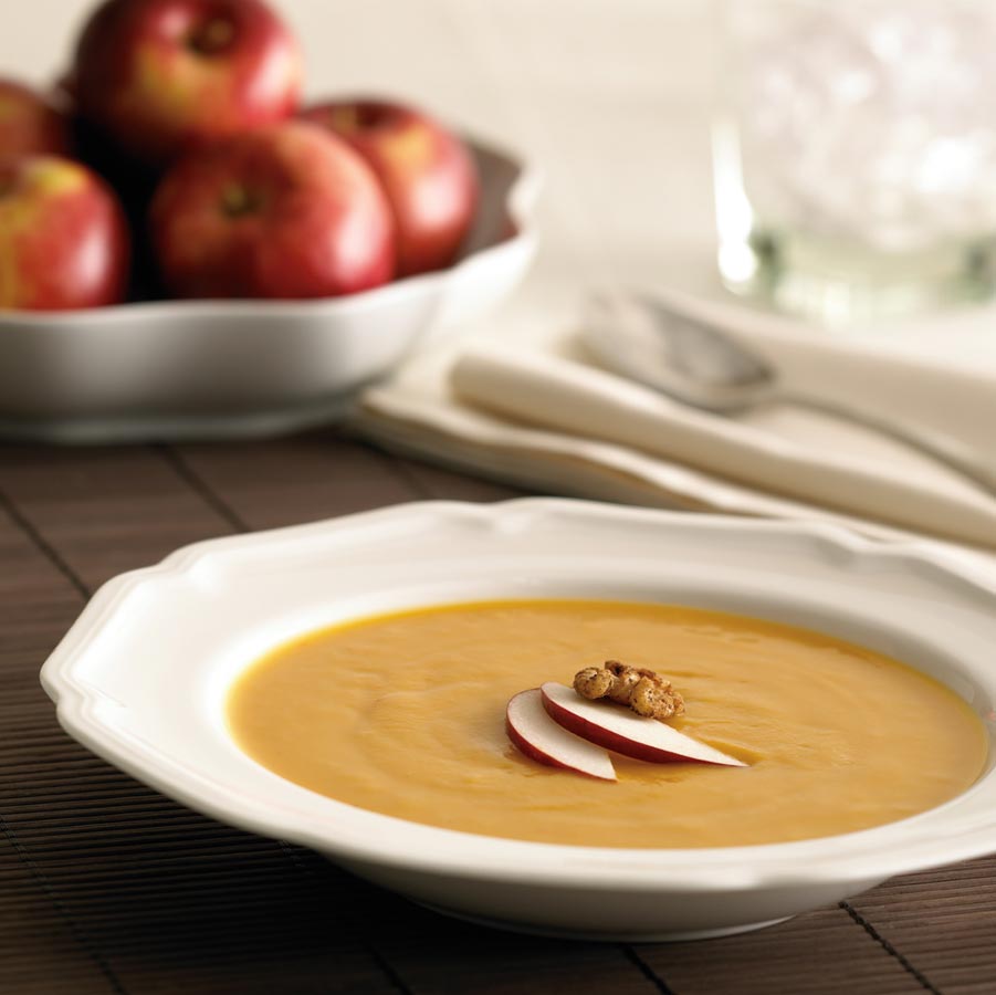 Roasted Ontario Apple and Sweet Potato Soup with Spiced Walnut